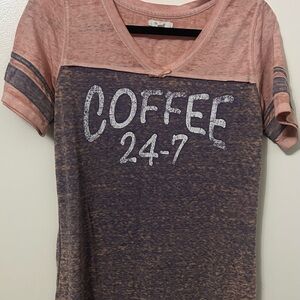 Maurices Two-Tone 'COFFEE 24-7' V-Neck Tee - Pink & Navy Heather